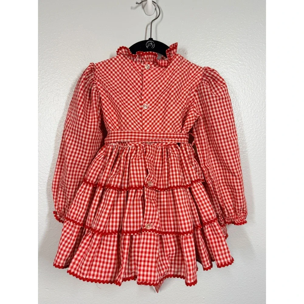 Gingham Dress Girls 3T Red White Checkered Tiered Ruffle Long Sleeve Americana